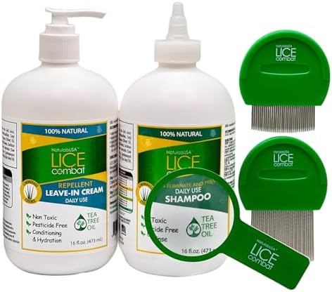 Lice Combat Treatment Kit | Shampoo, Leave-in Cream, Two Combs and Magnifying Glass | Manages Lice, Super Lice & Nits | Repels & Prevents | Pesticide Free | 100% Natural Essential Oils NatulabUSA