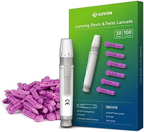 AUVON Lancing Device with Less Pain Design, Blood Sample Pen and Twist Top 100pcs 30 Gauge Lancets for Blood Sugar Level Monitoring AUVON