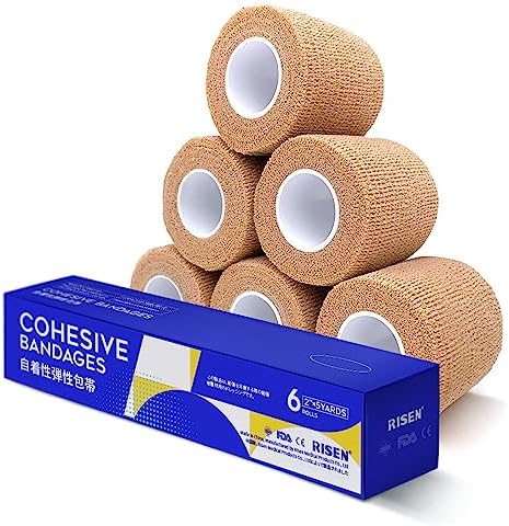 RISEN Cohesive Bandage 2” x 5 Yards, 6 Rolls, Self Adherent Wrap Medical Tape, Adhesive Flexible Breathable First Aid Gauze Ideal for Stretch Athletic RISEN