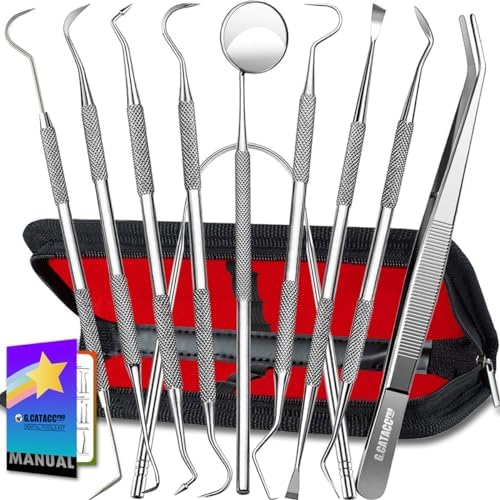 G.CATACC Dental Tools, 10 Pack Professional Plaque Remover for Teeth Cleaning Tools Set, Stainless Steel Dental Hygiene Kit with Dental Picks, Tartar Scraper, Tooth Scraper, Tongue Scraper- with Case G.Catacc