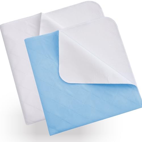 (Pack of 2) Bed Pads Washable Waterproof 34" x 36", Reusable Chuck Pads Incontinence Underpads Sheet Protector, Pee Pads for Adults, Elderly, Kids, Toddler and Pets, White and Blue SPRINGSPIRIT