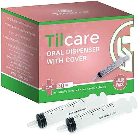 20ml Oral Dispenser Syringe with Covers 50 Pack by Tilcare - Sterile Plastic Medicine Food Droppers for Children, Pets or Adults – Latex-Free Oral Medication Dispenser - Large Feeding Tube Syringes Tilcare