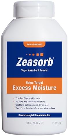 Zeasorb Excess Moisture Control Super Absorbent Foot & Body Powder, Dermatologist Recommended, Friction-Fighting Formula with Patented Odor Control Technology, 2.5 oz bottle Zeasorb