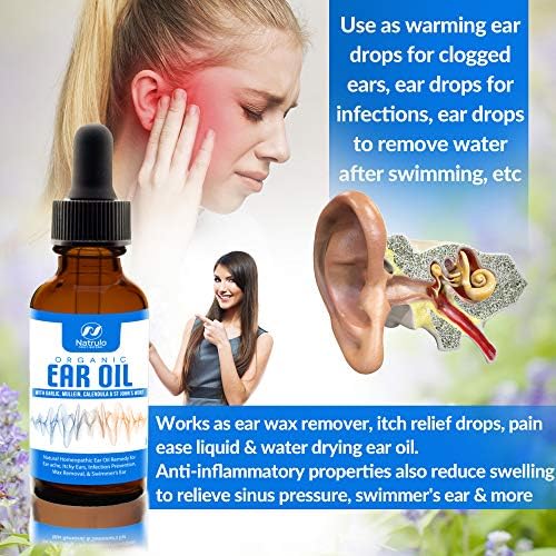 Organic Ear Oil for Ear Infection - Natural Eardrops for Earache Prevention, Swimmer's Ear & Wax Removal - Kids, Adults, Baby, & Dog Earache Remedy - with Mullein, Garlic, Calendula Made in USA Natrulo