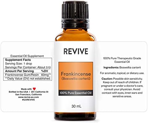 Frankincense Boswellia Carterii 10mL Essential Oil by REVIVE Essential Oils -100% Pure Therapeutic Grade, Diffusion, Massage, Aromatherapy, Skin & Hair Care, Cruelty Free, Unrefined with No Fillers REVIVEEO