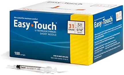 EasyTouch U-100 Insulin Syringe with Needle, 31G 0.5cc 5/16-Inch (8mm), Box of 100 Easy Touch