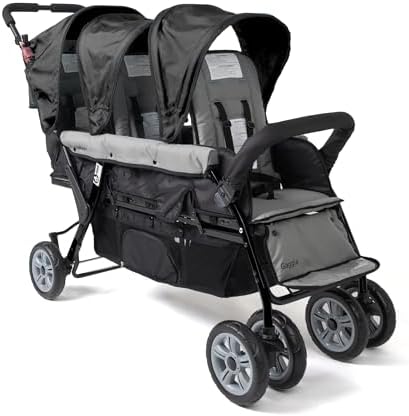 Gaggle by Foundations Compass 3 Seat Stroller with Sun Canopy, Lightweight Tandem Triple Stroller, Safety Restraint System, Foot Brake, Shock Absorbing All Terrain Wheels, Easy Folding (Black) Gaggle