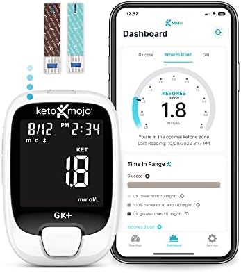 KETO-MOJO GK+ Bluetooth Glucose & Ketone Testing Kit + Free APP for Ketosis & Diabetes Management. 20 Blood Test Strips (10 Each), Meter, 20 Lancets, Lancing Device, and Control Solutions Keto-Mojo