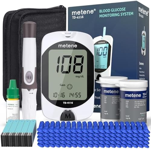 Metene TD-4116 Blood Glucose Monitor Kit, 100 Glucometer Strips, 100 Lancets, 1 Blood Sugar Monitor, Blood Sugar Test Kit with Control Solution, Lancing Device, No Coding, Large Display Metene