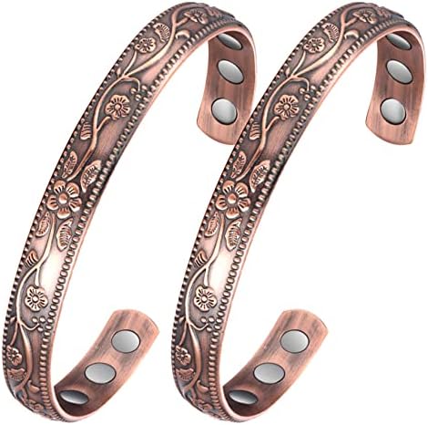 Jecanori 2Pcs Magnetic Copper Bracelets for Women, Vintage Flower 99.99% Pure Copper Bracelets with 3500 Gauss Magnets, Adjustable Cuff Jewelry with Gift Box Jecanori