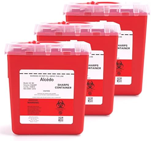 Alcedo Sharps Container for Home and Professional Use 2 Quart (3-Pack), Biohazard Needle and Syringe Disposal, Medical Grade Alcedo