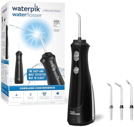 Waterpik Cordless Pearl Rechargeable Portable Water Flosser for Teeth, Gums, Braces Care and Travel with 4 Flossing Tips - ADA Accepted, WF-13 White, Packaging May Vary Waterpik