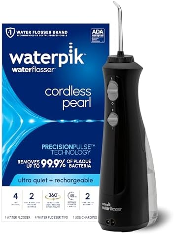 Waterpik Cordless Pearl Rechargeable Portable Water Flosser for Teeth, Gums, Braces Care and Travel with 4 Flossing Tips - ADA Accepted, WF-13 White, Packaging May Vary Waterpik