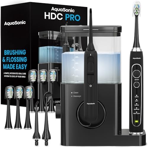 Aquasonic Home Dental Center PRO – Brushing & Flossing Made Easy – Brush & Floss – Power Toothbrush & Water Flosser – Whiter Teeth & Healthier Gums – Black Series Pro+Oral Irrigator AQUASONIC