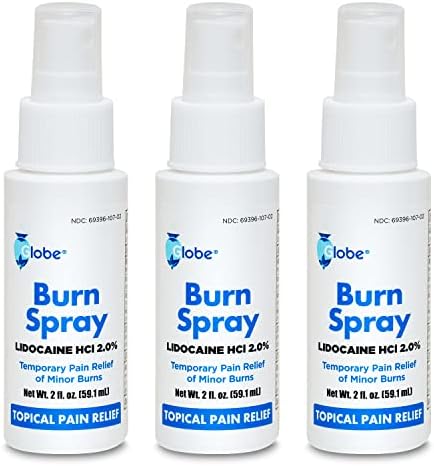 Globe (3 Pack) Burn Spray, Lidocaine 2%. Topical Anesthetic Pain Relief and Numbing 2 oz Spray Bottle Globe