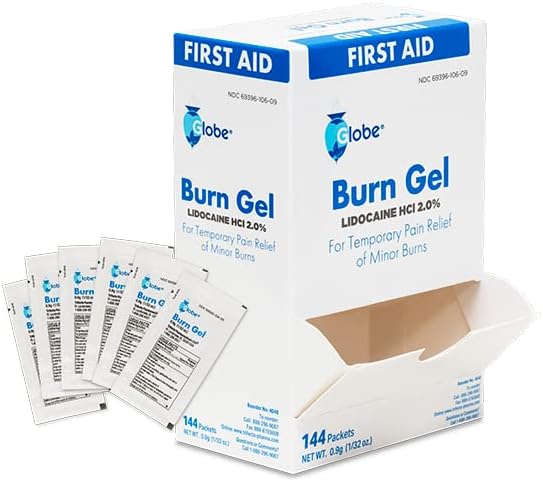 Globe First Aid Burn Gel with Aloe 0.9g Packets, (Box of 144) Advanced First Aid Gel for Temporary Relief of Minor Burns, Cuts, and Scrapes Globe