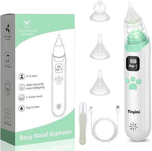 Baby Nasal Aspirator - Safe, Quick, and Hygienic Nose Cleaner with Pause, Music, and Light Soothing Functions - 3 Silicone Tips, Adjustable Suction Level Tinyimi