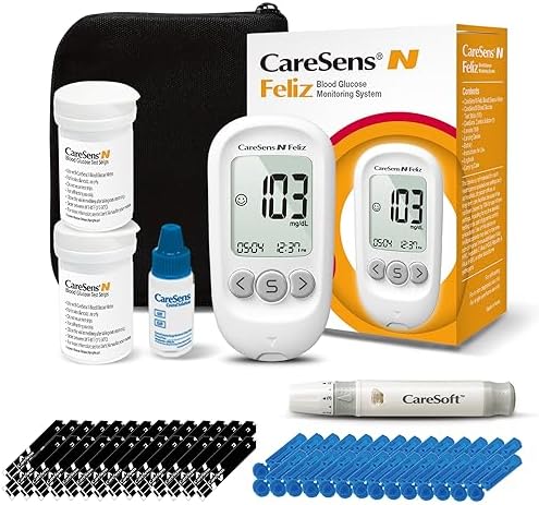 CareSens N Feliz Blood Glucose Monitoring Kit with 100 Blood Sugar Test Strips, 100 Lancets, 1 Blood Glucose Meter, 1 Lancing Device, 1 Control Solution, Travel Case for Diabetes Testing Kit CareSens