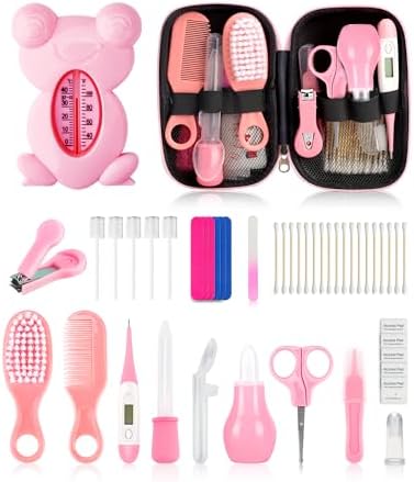 Baby Grooming and Healthcare Kit, Portable Baby Safety Care Set with Hair Brush Comb Nail Clipper Nasal Aspirator for Nursery Newborn Infant Girl Boy (20 in 1 Pink) UHFi