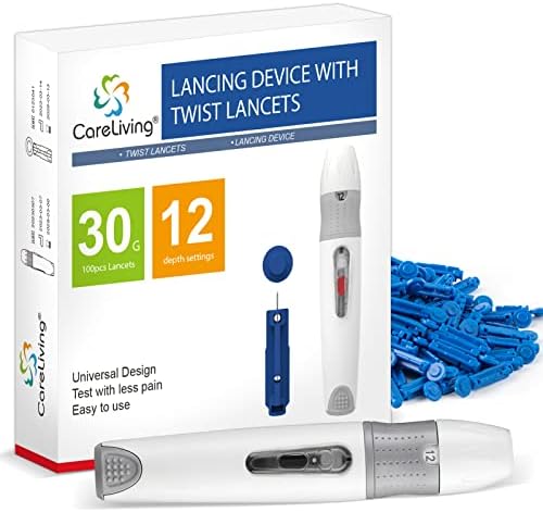 Lancing Device and 100 Lancets for Diabetes Testing, Single Use, 30 Gauge Lancets, for Minimizing Pain and Discomfort CARELIVING