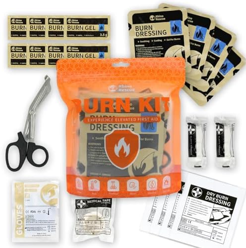 RHINO RESCUE Burn Kit, 4pcs Burn Dressings 4x4”, 8pcs Burn Gel Packets 3.5g, 4pcs Burn Pads, First Aid Kit Cooling Soothing Cream Relief with Bandage, Nitrile Gloves, Scissors, Tape, HSA/FSA Eligible RHINO RESCUE