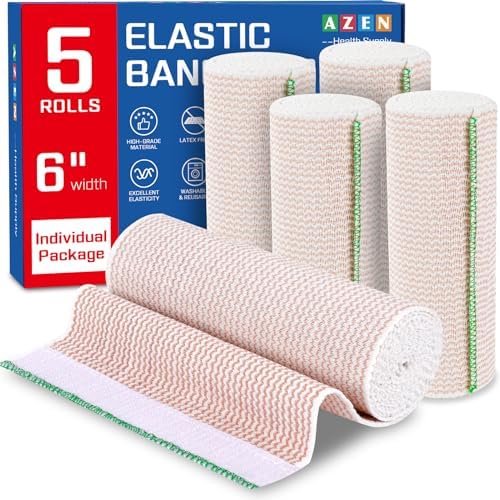 AZEN Premium 5 Pack Elastic Bandage Wrap 6 Inch, Compression Wrap Bandage for Legs, Ankle, Knee, Tummy, Body, Latex-Free, Lymphedema Wraps for Legs AZEN