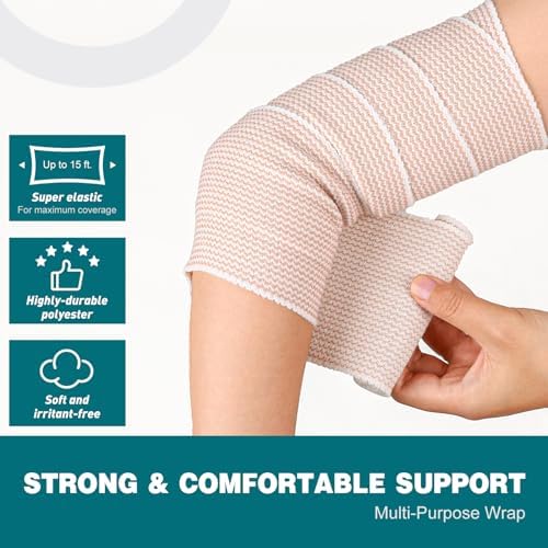 AZEN 4 in Premium 6 Pack Elastic Bandage Wrap, Lymphedema Wraps for Legs, Ankle, Knee, Tummy, Body Wrap, Compression Leg Wraps, Latex-Free AZEN