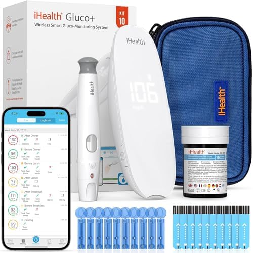 iHealth Gluco+ Wireless Smart Blood Glucose Monitor Kit with Free App, 10 Glucometer Strips, 10 Lancets, 1 Blood Sugar Monitor, 1 Lancing Device, Portable Diabetes Testing Kit for Home Use IHealth