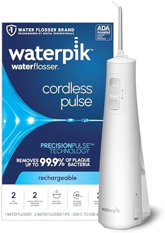 Waterpik Cordless Pulse Rechargeable Portable Water Flosser for Teeth, Gums, Braces Care and Travel with 2 Flossing Tips, Waterproof, ADA Accepted, WF-20 White, Packaging May Vary Waterpik