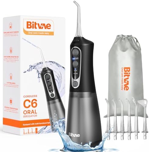 Bitvae C6 Water Flossers for Teeth - Cordless Water Dental Flosser Teeth Picks for Travel with 6 Jet Tips, 3 Modes 5 intensities, IPX7 Waterproof Portable & Rechargeable Oral Irrigator Cleaner, Black Bitvae