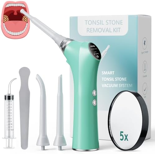 Electronic Vacuum Tonsil Stone Remover - Tonsil Stone Removal Kit with Built-in LED Light & 3 Suction Mode - Fight Bad Breath Oral Irrigator & 5X Magnifying Mirror for Tonsil Stone Removal (Green) Alitake