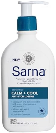 Sarna Calm + Cool Anti-Itch Lotion, Soothe and Relieve Pain and Itch from Insect Bites, Sunburn, & Poison Ivy, Contains 1% Pramoxine Hydrochloride, 0.5% Menthol, Vegan, Steroid-Free, 7.5oz Sarna