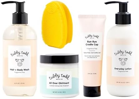 Tubby Todd Baby Cradle Cap Solution for Sensitive Skin - The Bye-Bye Cradle Cap Kit - Cradle Cap Gel, Shampoo + Body Wash, Lotion, All Over Ointment, & Cradle Cap Brush - Standard Size Fragrance-Free TUBBY TODD