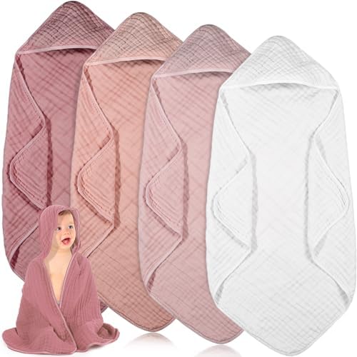 Peryiter 4 Pcs Muslin Hooded Baby Towels,32"x 32" Cotton Newborn Bath Towel Muslin Infant Baby Towels Absorbent Unisex Hooded Blankets,Newborn Registry Baby Gift for Girls Boys (Green) Peryiter