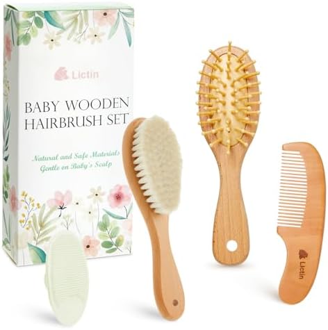 Lictin Baby Hair Brush and Comb Set, 4 Pcs Newborn Hair Brush with Soft Bristle, Natural Goat Hair and Wood Baby Cradle Cap Comb for Newborns & Toddlers, Newborn Baby Essentials, Perfect Registry Gift Lictin