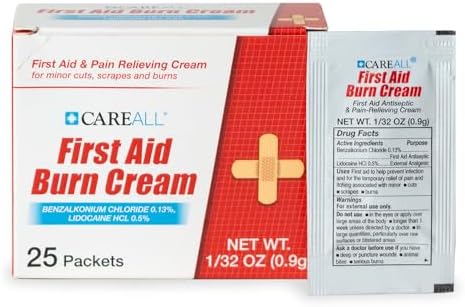 CareALL First Aid Burn Relief Cream 0.9g Packets (Pack of 25) Pain Relieving First Aid Cream for Temporary Relief of Pain from Minor Burns, Cuts, and Scrapes. Prevents Infection CareAll