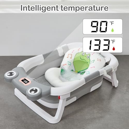 Foldable Baby Bathtub with Cushion & Water Thermometer and Drain Hole, Portable Durable Foldable Baby Bath Tub for Newborn Infants 0-36 Months (Grey) Lucakuins