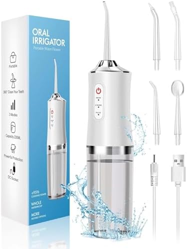 Water Dental Flosser Teeth Picks - 4 Jets 3 Modes Portable Cordless Water Flosser for Teeth Cleaner, IPX7 Waterproof Oral Irrigator Rechargeable for Travel Home,Gums, Braces Care White Lameiz