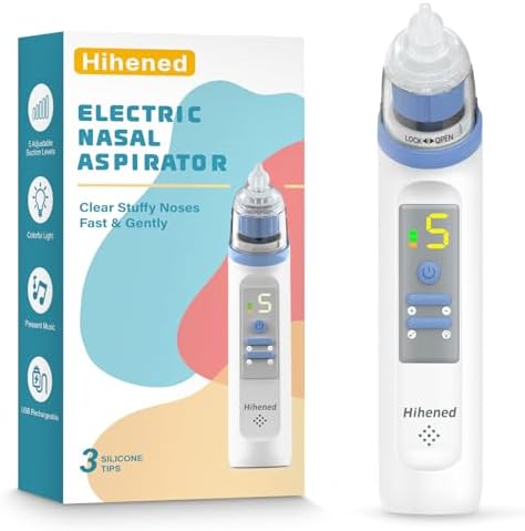 Electric Nasal Aspirator for Baby, Nose Aspirator for Toddlers, Rechargeable Baby Nose Sucker, Nose Cleaner with 3 Silicone Tips, 5 Suction Levels, Music and Light Soothing Function，Blue Hihened