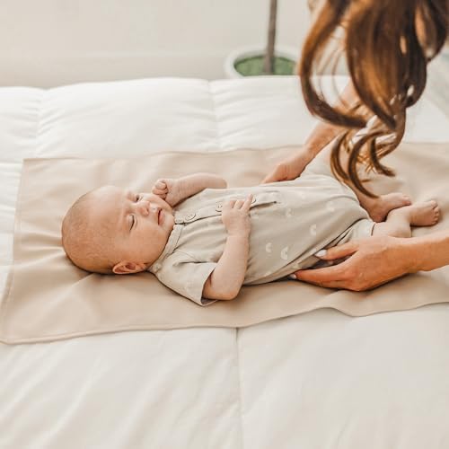 Konssy Vegan Leather Baby Changing Mat, Waterproof, Wipeable & Portable Diaper Changing Pad for Travel or Home, Fits Perfectly in Diaper Bag, 30 x 16 inches (Brown,Oat) Konssy