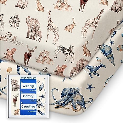 Graco Pack and Play Sheets Fitted, TotBasic Ultra Soft Mini Crib Sheets Boy, Neutral Pack N Play Mattress Sheets Hypoallergenic and Soothing, Premium Jersey Playrad Sheets, 2 Pack(Space Explorer) TOTBASIC