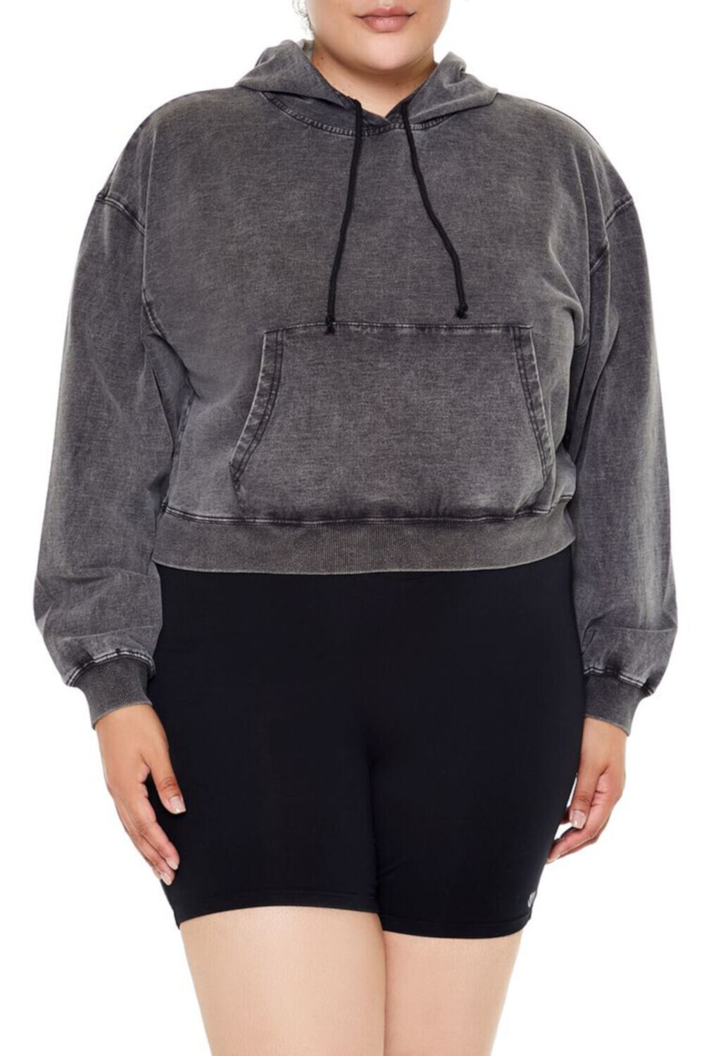 Plus Size Cropped Mineral Wash Hoodie FOREVER21