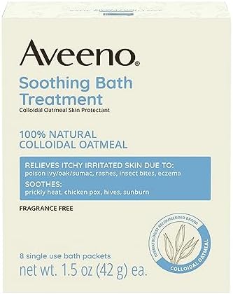 Aveeno Fragrance Free Soothing Bath Treatment, 100% Natural Colloidal Oatmeal, Sensitive Skin Bath Soak for Relief of Dry, Itchy, Irritated Skin Due to Eczema & Hives, Bath Packets, 8 ct. Aveeno