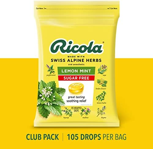 Ricola Sugar Free Lemon Mint Herbal Cough Suppressant Throat Drops (Капли), 105ct Bag Ricola