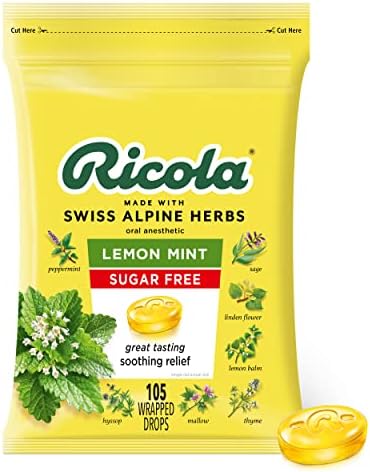 Ricola Sugar Free Lemon Mint Herbal Cough Suppressant Throat Drops (Капли), 105ct Bag Ricola