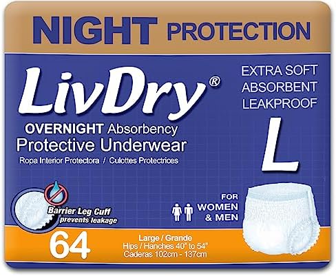 LivDry Adult XS Incontinence Underwear, Overnight Comfort Absorbency, Leak Protection, X-Small, 22-Pack LivDry