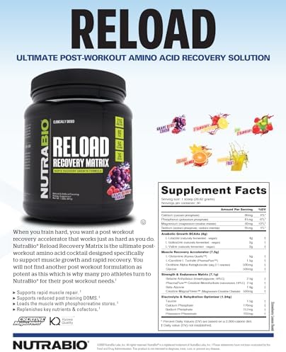 NutraBio Reload - Powerful Muscular Recovery Formula - Post-Workout Supplement - 3G Creatine - 8G BCAAs - 5G Glutamine - 30 Servings (Порции), Grape Berry Crush NutraBio