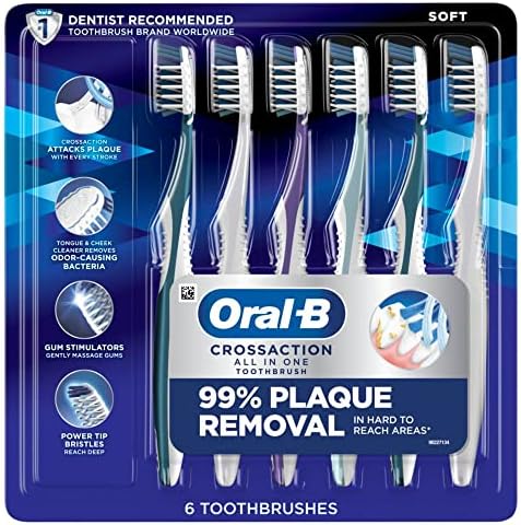 Oral-B Pro Health CrossAction All in One Soft Toothbrushes, Deep Plaque Fighter, Rounded Bristles Gentle on Teeth, Tongue and Cheek Cleaner, Gum Stimulators, 6 Count, Tooth Brush Pack Oral-B