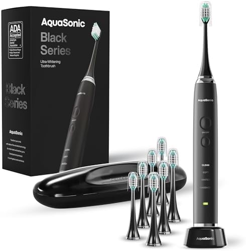 Aquasonic Black Series Ultra Whitening Toothbrush – ADA Accepted Electric Toothbrush- 8 Brush Heads & Travel Case – 40,000 VPM Electric Motor & Wireless Charging - 4 Modes w Smart Timer AQUASONIC