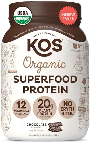 KOS Vegan Protein Powder (Порошок) Erythritol Free, Vanilla USDA Organic - Pea Protein Blend, Plant Based Superfood Rich in Vitamins & Minerals - Keto, Dairy Free - Meal Replacement for Women & Men, 28 Servings (Порции) KOS